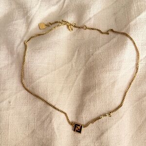 Fendi Gold-tone Necklace with Black Square Logo Pendant